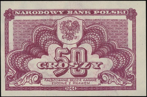 50 groszy 1944, WZÓR z zielonym nadrukiem przekreślającym oraz egzemplarz obiegowy, Lucow 1072 (R3) i 1074 (R2), Miłczak 104a, razem 2 sztuki, pięknie zachowane