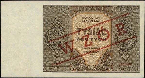 1.000 złotych 1945, seria A, numeracja 0000000, po obu stronach ukośny czerwony nadruk \WZÓR, Lucow 1147 (R7) - ilustrowane w katalogu kolekcji
