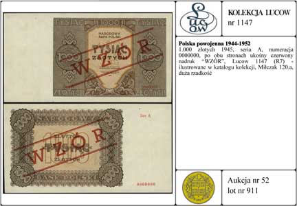 1.000 złotych 1945, seria A, numeracja 0000000, po obu stronach ukośny czerwony nadruk \WZÓR, Lucow 1147 (R7) - ilustrowane w katalogu kolekcji