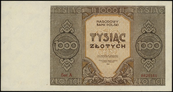 1.000 złotych 1945, seria A, numeracja 8826161, Lucow 1151 (R6), Miłczak 120a, bardzo rzadkie w tym stanie zachowania
