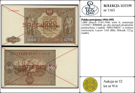 1.000 złotych 15.01.1946, seria A, numeracja 123