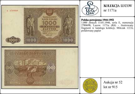 1.000 złotych 15.01.1946, seria E, numeracja 2780698, Lucow 1171a (R4) - ilustrowany fragment w katalogu kolekcji, Miłczak 122b, pofalowany papier
