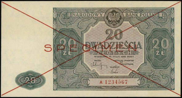 20 złotych 15.05.1946, seria A, numeracja 1234567, po obu stronach dwukrotnie przekreślony i nadruk \SPECIMEN\" w kolorze czerwonym