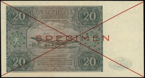 20 złotych 15.05.1946, seria A, numeracja 1234567, po obu stronach dwukrotnie przekreślony i nadruk \SPECIMEN\" w kolorze czerwonym