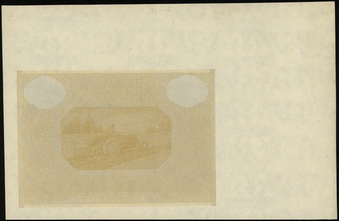 niedokończony druk banknotu 100 złotych 15.05.1946, bez oznaczenia serii i numeracji, papier ze znakami wodnymi, strona główna czysta, na stronie odwrotnej jedynie poddruk giloszowy, format papieru większy od docelowego banknotu, Lucow 1202 (R7), Miłczak - patrz 129, bardzo rzadkie