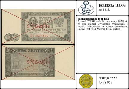 2 złote 1.07.1948, seria BU, numeracja 8671956, po obu stronach dwukrotnie przekreślony i nadruk \SPECIMEN\" w kolorze czerwonym