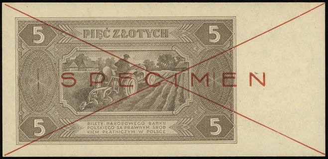 5 złotych 1.07.1948, seria A, numeracja 1234567, po obu stronach dwukrotnie przekreślony i nadruk \SPECIMEN\" w kolorze czerwonym