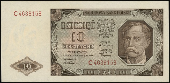 10 złotych 1.07.1948, seria C, numeracja 4638158, Lucow 1253 (R2), Miłczak 136a, rzadka wczesna seria