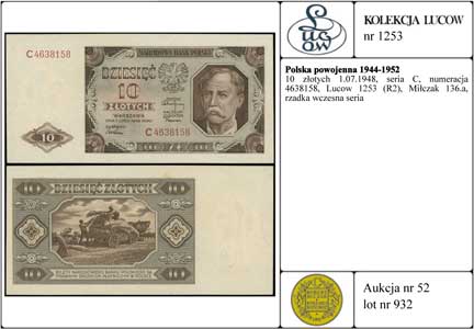 10 złotych 1.07.1948, seria C, numeracja 4638158, Lucow 1253 (R2), Miłczak 136a, rzadka wczesna seria