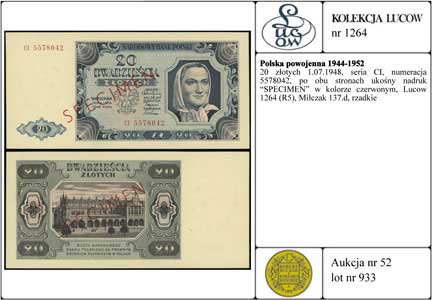 20 złotych 1.07.1948, seria CI, numeracja 5578042, po obu stronach ukośny nadruk \SPECIMEN\" w kolorze czerwonym