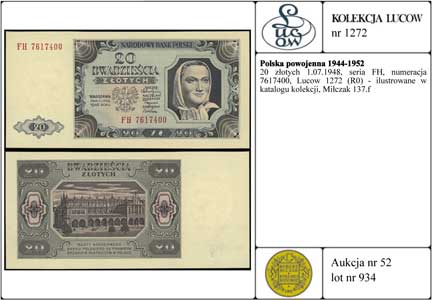 20 złotych 1.07.1948, seria FH, numeracja 7617400, Lucow 1272 (R0) - ilustrowane w katalogu kolekcji, Miłczak 137f