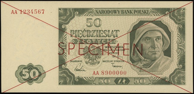 50 złotych 1.07.1948, seria AA, numeracja 1324567 / 8900000, po obu stronach dwukrotnie przekreślony i poziomy nadruk \SPECIMEN\" w kolorze czerwonym
