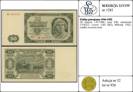 50 złotych 1.07.1948, seria AW, numeracja 2318223, Lucow 1285 (R2), Miłczak 138e, rzadka wczesna seria