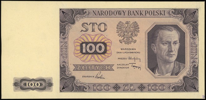 próbny druk w kolorze fioletowo-różowym banknotu 100 złotych 1.07.1948, bez oznaczenia serii i numeracji, strona główna i odwrotna wydrukowana oddzielnie i sklejone, Lucow 1294e (R8), Miłczak - patrz 139, pięknie zachowane i bardzo rzadkie