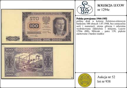 próbny druk w kolorze fioletowo-różowym banknotu 100 złotych 1.07.1948, bez oznaczenia serii i numeracji, strona główna i odwrotna wydrukowana oddzielnie i sklejone, Lucow 1294e (R8), Miłczak - patrz 139, pięknie zachowane i bardzo rzadkie