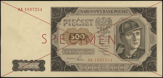 500 złotych 1.07.1948, seria AA 1897254, po obu stronach skreślony i poziomy nadruk \SPECIMEN\" w kolorze czerwonym