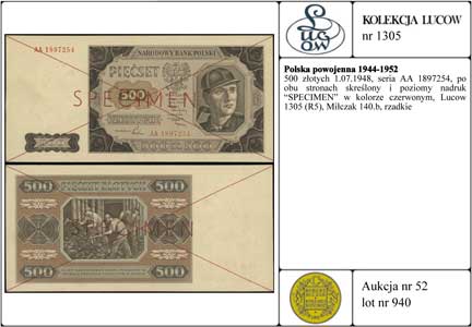 500 złotych 1.07.1948, seria AA 1897254, po obu stronach skreślony i poziomy nadruk \SPECIMEN\" w kolorze czerwonym