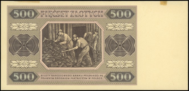 próbny druk w kolorze brązowo-różowym banknotu 500 złotych 1.07.1948, bez oznaczenia serii i numeracji, strona główna i odwrotna wydrukowana oddzielnie i sklejone, Lucow 1306 (R8), Miłczak - patrz 140, ślady kleju na górnym marginesie, ale pięknie zachowane i bardzo rzadkie