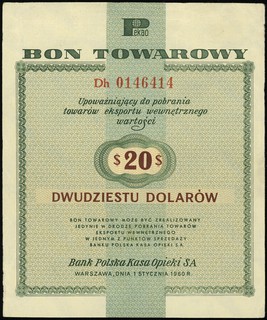 Bank Polska Kasa Opieki SA, bon na 20 dolarów, 1.01.1960, seria Dh, numeracja 0146414, z klauzulą na stronie odwrotnej, Miłczak B8b, rzadki
