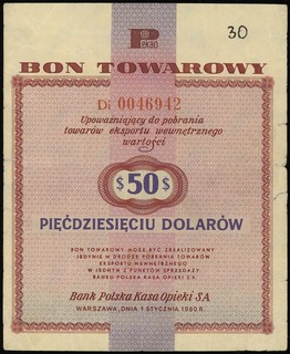 Bank Polska Kasa Opieki SA, bon na 50 dolarów, 1.01.1960, seria Di, numeracja 0046942, z klauzulą na stronie odwrotnej, Miłczak B9b, bardzo rzadki