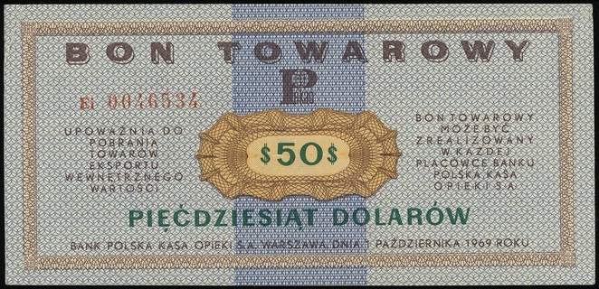 Bank Polska Kasa Opieki SA, bon na 50 dolarów 1.07.1969, seria Ei, numeracja 0046534, Miłczak B22a