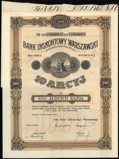Bank Dyskontowy Warszawski, 10 akcji po 100 złotych = 1.000 złotych, Warszawa 30.09.1926, numeracja 063051-063060, talon z 5 kuponami, Niegrzyb. I-E-69