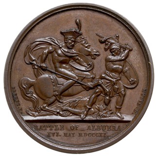 Marszałek generał lord Beresford -medal upamiętniający batalię pod Albuerą z udziałem I Brygady Polskich Lansjerów 16.05.1811 r, sygnowany T. Webb i N. Brenet, Aw: Popiersie w prawo i napis MARSHAL GEN - LORD BERESFORD, Rw: Scena z bitwy przedstawiająca polskiego lansjera atakującego wroga i napis w odcinku BATLE OF ALBUERA / XVI MAY MDCCCXI, brąz 41 mm, Bramsen 1125, bardzo ładnie zachowany, patyna