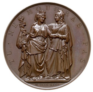 Bohaterskiej Polsce -medal autorstwa Barre’a 1831 r., wybity staraniem Komitetu Brukselskiego, Aw: Dwie postacie kobiece w strojach antycznych symbolizujące Polskę i Belgię, Rw: Napis poziomy A L’ HEROIQUE POLOGNE, u góry wieniec z gwiazdek, miedź 51 mm, H-Cz. 3831 (R4), piękny egzemplarz, patyna, oryginalne czarne pudełko