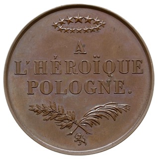 Bohaterskiej Polsce -medal autorstwa Barre’a 1831 r., wybity staraniem Komitetu Brukselskiego, Aw: Dwie postacie kobiece w strojach antycznych symbolizujące Polskę i Belgię, Rw: Napis poziomy A L’ HEROIQUE POLOGNE, u góry wieniec z gwiazdek, miedź 51 mm, H-Cz. 3831 (R4), piękny egzemplarz, patyna, oryginalne czarne pudełko