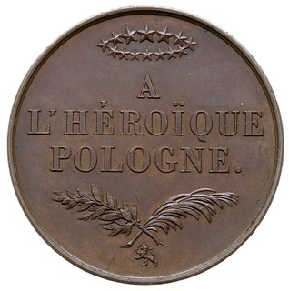 Bohaterskiej Polsce -medal autorstwa Barre’a 1831 r., wybity staraniem Komitetu Brukselskiego, Aw: Dwie postacie kobiece w strojach antycznych symbolizujące Polskę i Belgię, Rw: Napis poziomy A L’ HEROIQUE POLOGNE, u góry wieniec z gwiazdek, miedź 51 mm, H-Cz. 3831 (R4), ładny egzemplarz, patyna