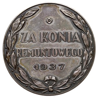 Nagroda Za Konia Remontowego -medal autorstwa S.R.Koźbielewskiego, 1937 r., Aw: Orzeł państwowy i napis w otoku MINISTERSTWO SPRAW WOJSKOWYCH, Rw: Pomiędzy gałązkami oliwnymi napis w trzech wierszach ZA KONIA / REMONTOWEGO / 1937, niżej znak mennicy warszawskiej, brąz srebrzony 50 mm, Strzałkowski 817