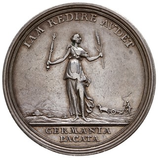medal autorstwa Oexleina, na pokój w Hubertusburgu kończący trzecią (siedmioletnią) wojnę pomiędzy Austrią a Prusami o Śląsk, 1763 r., Aw: Panorama zamku w Hubertusburgu, powyżej napis NVNCIA PACIS, w odcinku DE 15 FEBR MDCC LXIII, Rw: Geniusz z mieczem i kłosem zboża, u góry napis IAM REDIRE AVDET, w odcinku GERMANIA / PACATA, srebro 45 mm, 21.70 g, F.u.S. 4453, delikatna patyna