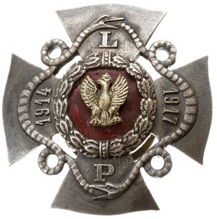 odznaka pamiątkowa Służby Medycznej Legionów Polskich 1917, mosiądz oksydowany 41,5 x 41,5 mm, Stela 2.27, litery srebrzone, drobne ubytki emalii, na stronie odwrotnej niewyraźne rosyjskie litery z innego wyrobu, który został wykorzystany do produkcji odznaki, rzadka