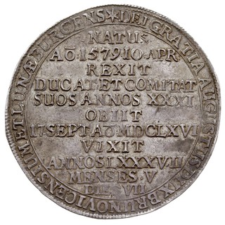 August 1635-1666, talar pośmiertny 1666, Zellerfeld, data chronografem, srebro 28.96 g, Dav. 6376, Welter 824, ładna patyna