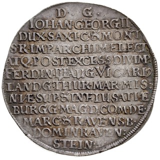 Jan Jerzy II 1656-1680, talar wikariacki 1657, Drezno, srebro 29.17 g, Dav. 7630, Merseb. 1154, Schnee 901, Kahnt 492, patyna
