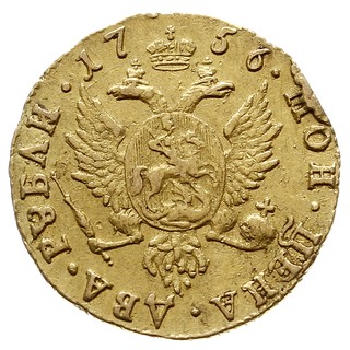 2 ruble 1756, Krasnyj Dwor, odmiana ВСЕРОС: i krótki ogon Orła, złoto 3.19 g, Diakov 383 (R1), Bitkin 54 (R), Yusupov 1/2, drobne uszkodzenia boku monety, rzadkie