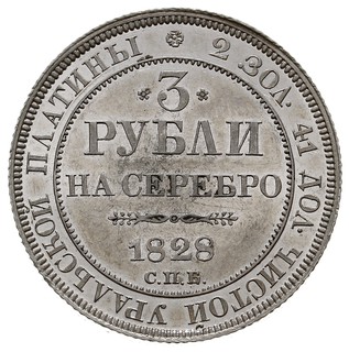 3 ruble 1828 СПБ, Petersburg, platyna 10.33 g, Bitkin 73 (R1), wybite stemplem lustrzanym, ale lekko wytarte tło, mimo to wspaniałe lustro, duża rzadkość, moneta z aukcji WCN 46/1091