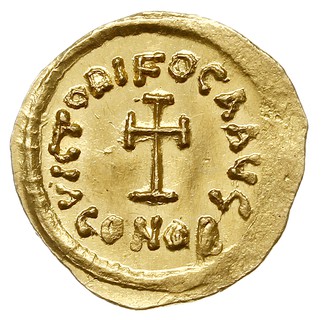 tremissis 602-603, Konstantynopol, Aw: Popiersie cesarza w prawo, dN FOCA PERP AVGGG, Rw: Krzyż, VICTORI FOCA AVG, w odcinku CONOB, złoto 1.31 g, DOC 19, MIB 27, Sear 634, pięknie zachowany jak na ten typ monety, lecz nieco niecentrycznie wybity