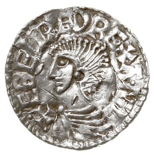 Aethelred II 978-1016, denar typu long cross, Londyn, mincerz Aelfwine?, Aw: Głowa w lewo, EDELRED REX ANGL, Rw: Krzyż, AELF-PINE-MOL-VND, srebro 1.31 g, Spink 1151, BMC IVa, North 774, pęknięty