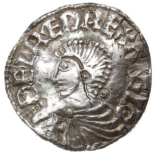 Aethelred II 978-1016, denar typu long cross, Londyn, mincerz Leofwine, Aw: Głowa w lewo, AEDELRED REX ANGLO, Rw: Krzyż, LEO-FPIN-EMO-LVND, srebro 1.64 g, Spink 1151, BMC IVa, North 774