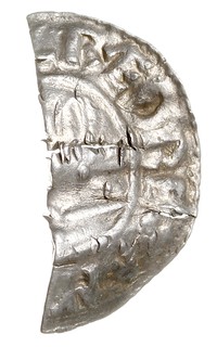 Aethelred II 978-1016, połówka denara typu CRVX, Lincoln?, mincerz Swerting?, Aw: Popiersie w lewo, ...LRED REX ANG..., Rw: Fragment krzyża, C-R-..., SPERTINC..., srebro 0.86 g, Spink 1148, BMC IIIa, North 770, przecięty i pęknięty