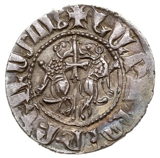 Levon I 1198-1219, tram, Aw: Król siedzący na tronie na wprost, Rw: Krzyż między dwoma lwami, srebro 3.03 g, Nercessian 282-299