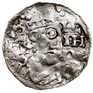 Augsburg, Henryk II 1002-1024, denar, 2. okres panowania 1009-1024, Aw: Głowa w koronie w prawo, Rw: Krzyż z kulkami i AVGVSTACIV, srebro 1.29 g, Hahn 145/II/65