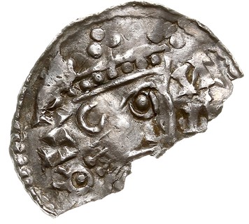 Augsburg, Henryk II 1002-1024, denar, 2. okres panowania 1009-1024, Aw: Głowa króla w prawo, Rw: Krzyż z trójkulkami i kółkiem, srebro 0.85 g, Hahn 145/14, obłamany