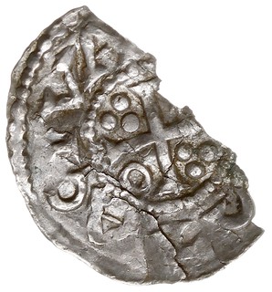 Augsburg, Henryk II 1002-1024, denar, 2. okres panowania 1009-1024, Aw: Głowa króla w prawo, Rw: Krzyż z trójkulkami i kółkiem, srebro 0.85 g, Hahn 145/14, obłamany