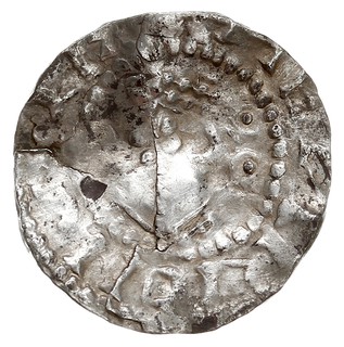 Dortmund, Henryk II 1002-1024, denar, Aw: Głowa w lewo, HEINRICVS ..., Rw: Krzyż z 4 kulkami, THR.TMANNI, srebro 1.22 g, Berghaus 16, Dbg 749