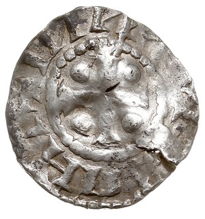 Dortmund, Henryk II 1002-1024, denar, Aw: Głowa w lewo, HEINRICVS ..., Rw: Krzyż z 4 kulkami, THR.TMANNI, srebro 1.22 g, Berghaus 16, Dbg 749