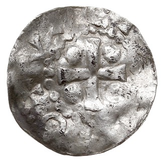 Erfurt, Henryk I 919-936 lub Henryk II 1002-1024, denar, Aw: Kapliczka z pięcioma kulkami, Rw: Krzyż z 4 kulkami, srebro 0.98 g, Dbg 827- podobny