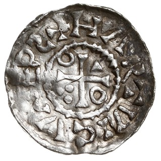 Salzburg, Henryk II 1002-1024, denar biskupa Hartwiga z lat 1009-1018, Aw: Głowa króla w prawo, Rw: Krzyż, w polach trójkąt, trójkulki i dwa kółka, HARTVVICVS EPS, srebro 1.31 g, CNA -, Hahn 98A1/IX