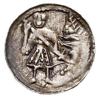 Denar, Aw: Rycerz przebijający włócznią smoka, Rw: Krzyż patriarchalny, w polach gwiazdy, srebro 0.45 g, Str. 39, Such. XIV, ładnie zachowany
